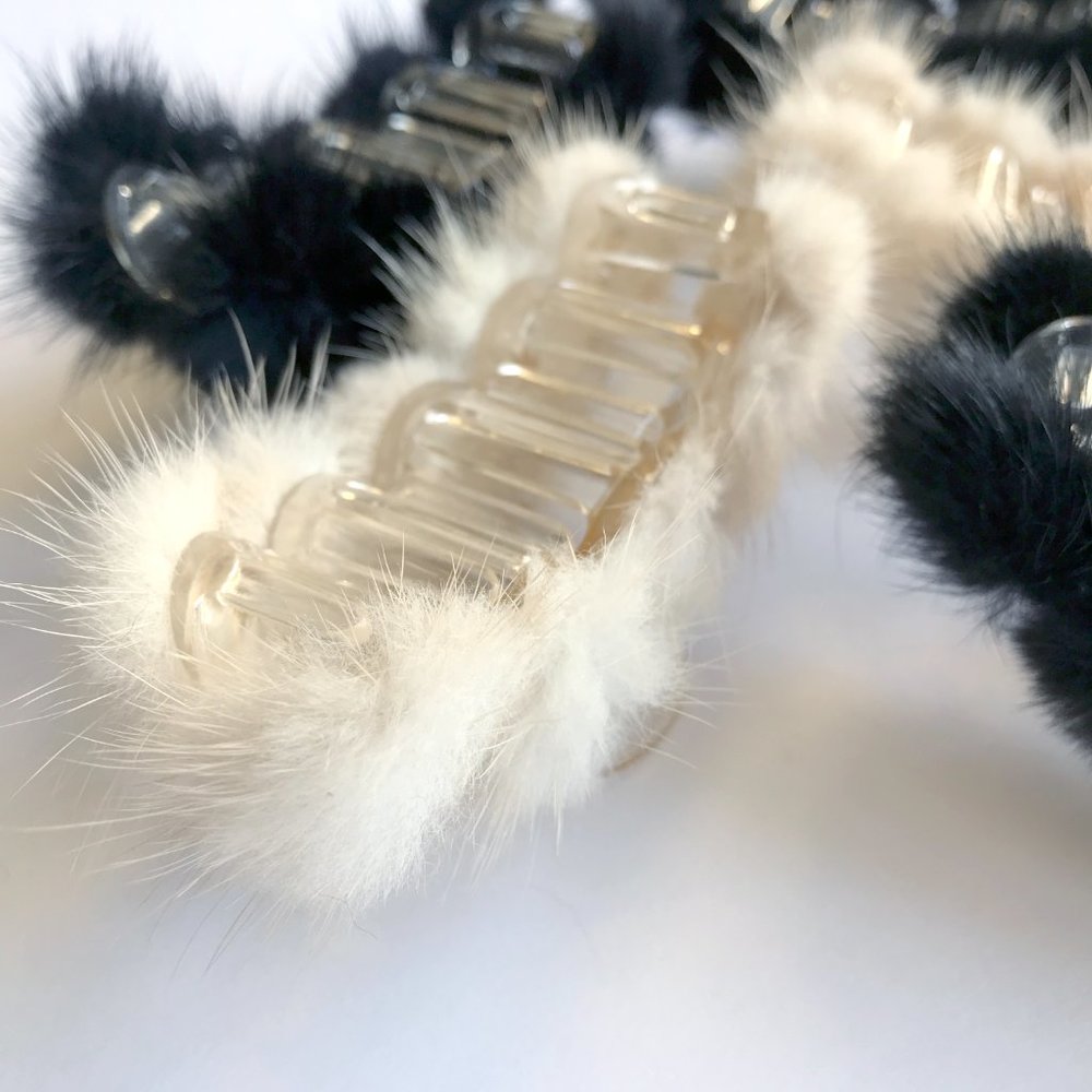 Small Mink Pom Pom Hair Clip Hair Jaw Claw • Black Tan or White • Genuine Fur - Picture 14 of 16